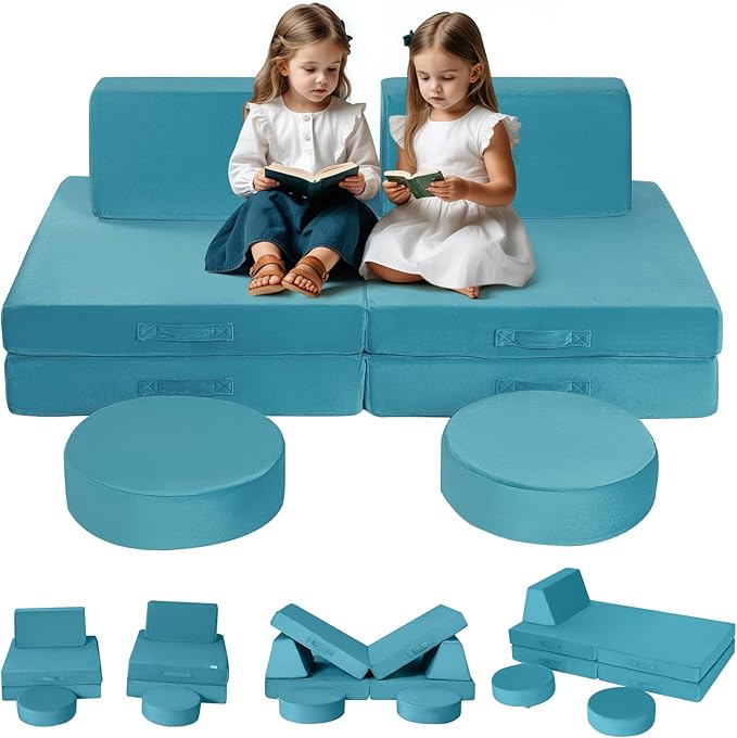 MeMoreCool Modular Kids Play Couch Sofa, 8-Piece Convertible Turquoise Toddler by MeMoreCool