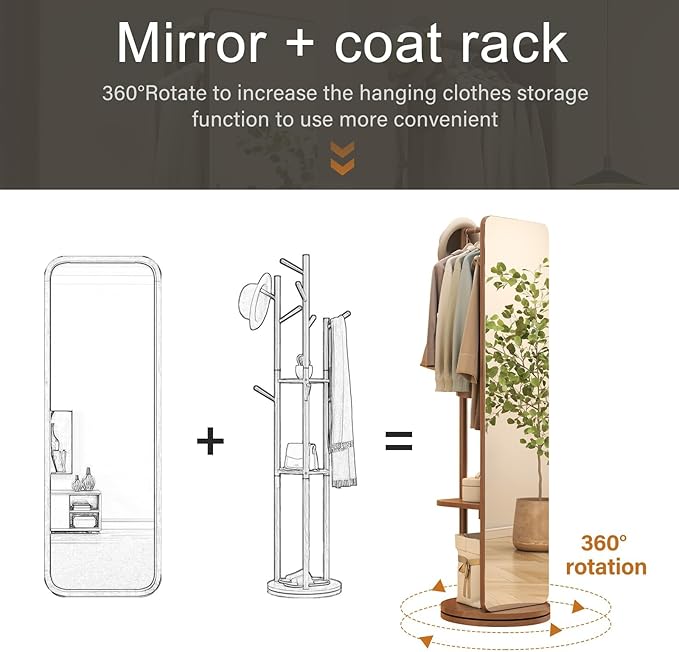 70"x16"Full Length Mirror with Stand, Coat Rack with Mirror, Solid Wood Floor - Image 6