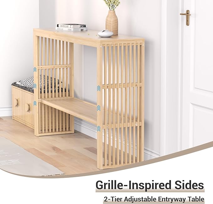 Bamboo Wood Entryway Table 47.2" Console Table, 2-Tier Farmhouse Narrow Sofa - Image 4