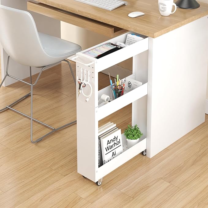 Slim Storage Cart, 5 in Width, 3-Tier White Rolling Cart - Image 8