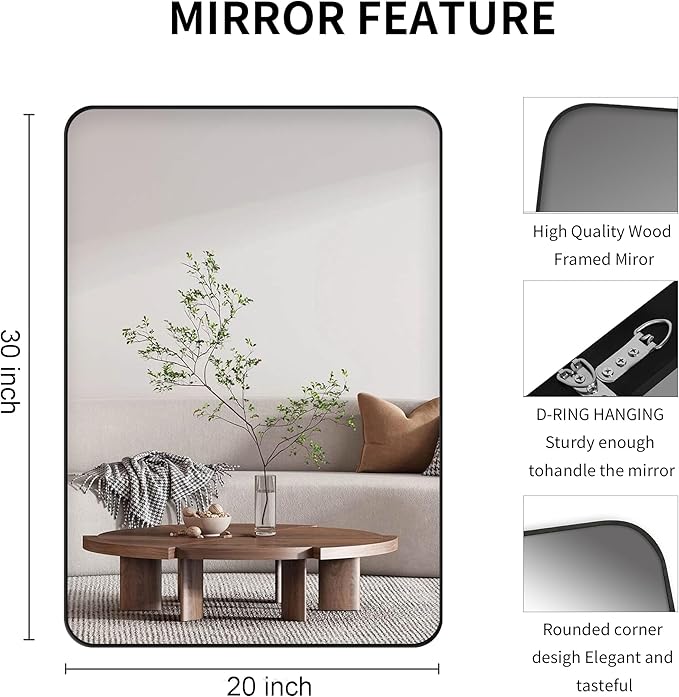 Black Bathroom Mirror, Rectangle 20 x 30 Inch Vanity Wall Mirror, Modern Mirror - Image 6