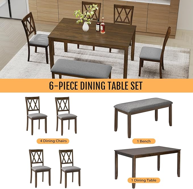 6-Piece Solid Wood Dining Table Set, Dining Table & Chair Set - Image 4