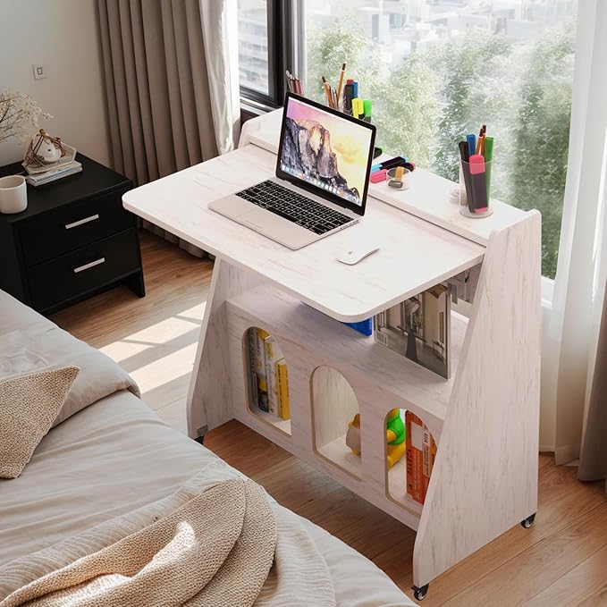 Pmnianhua Farmhouse Portable Desk on Wheels, Mobile Workstation, Rolling - Image 7