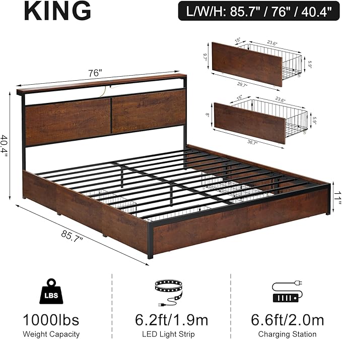King Bed Frame with Storage Headboard and 4 Drawers Bed Frame King Size with - Image 2