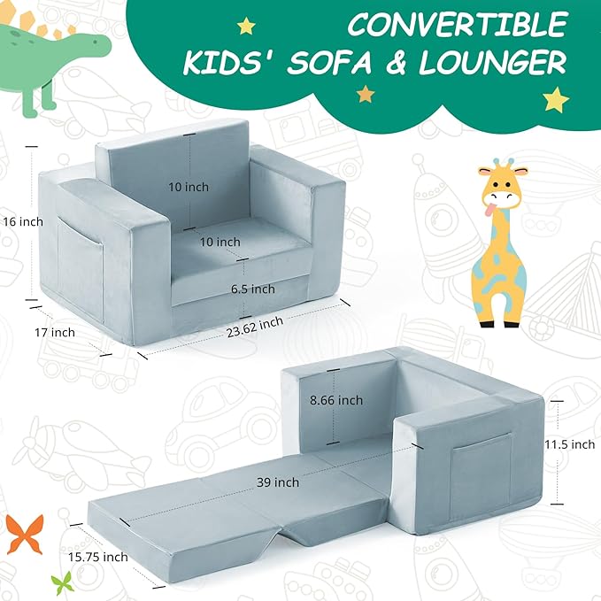 Kids Couch, 2-in-1 Toddler Chair Comfy 1-3 Years, Convertible Kids Chair - Image 3