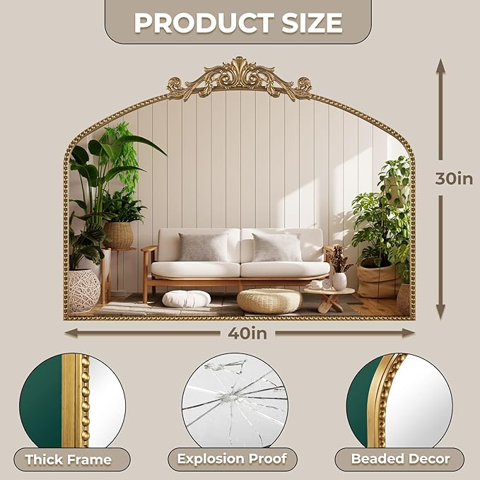 Gold Antique Mirror 40” x 30”, Large Ornate Mantel Mirrors - Image 3