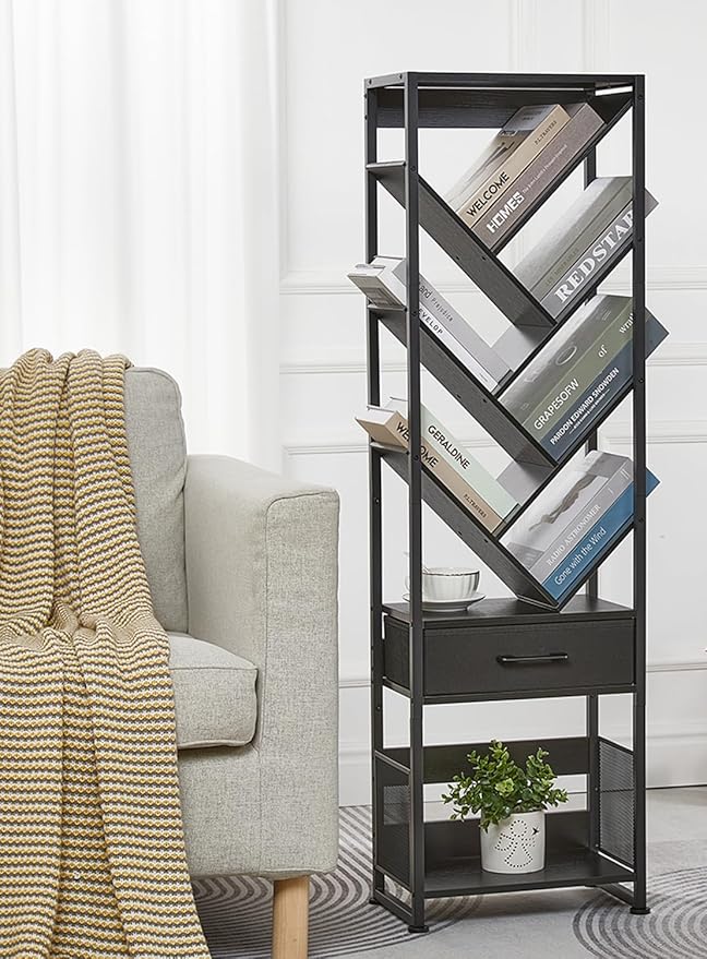 Bookshelf with Drawer, 10 Tier Tree Bookcase Retro Floor Standing Bookshelves - Image 5