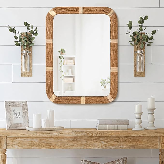 ULIKE Rectangle Rattan Wall Mirror, 22x30 Inch Rustic Farmhouse Wall Decor - Image 2