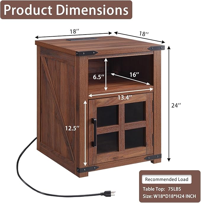 Farmhouse Nightstand with Charging Station, Rustic End Table with Tempered - Image 2
