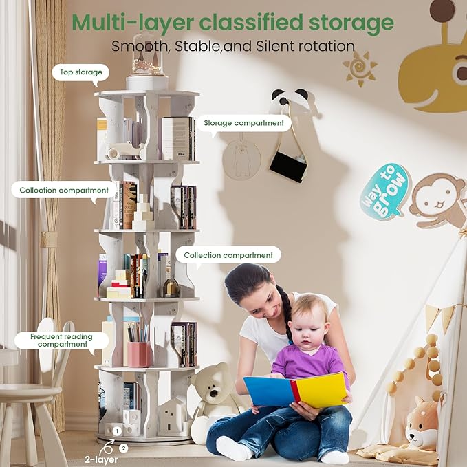 Rotating Bookshelf, 5 Tier Spinning Bookshelf Tower, Corner Revolving Storage - Image 4