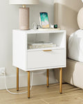 Nightstand with Charging Station, Morden Bedside Table with Gold Frame by AEPOALUA