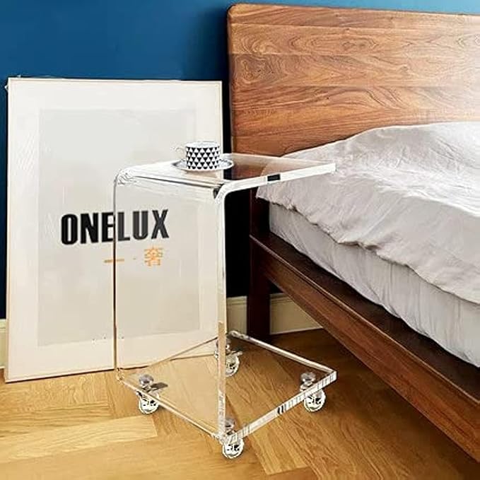 ONELUX Mobile C Shaped End Table, Acrylic Sofa Side Table, Snack Table On Wheels - Image 4