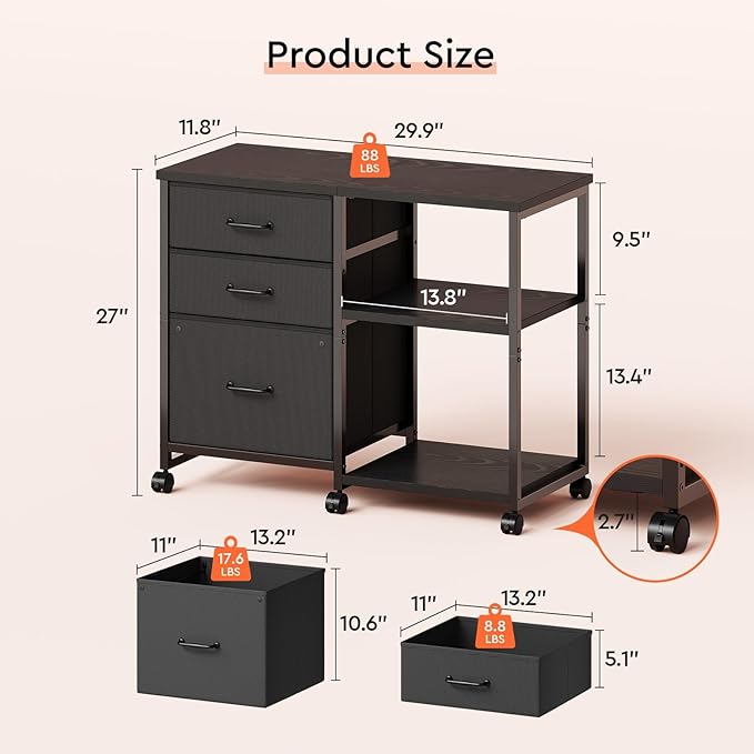 3 Drawer File Cabinet with Wheels Rolling Printer Stand with Open Storage Shelf - Image 3