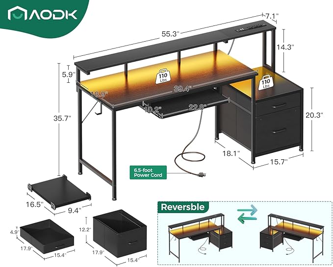 AODK Computer Desk with Drawers and Keyboard Tray, Reversible Study Work Desk - Image 3