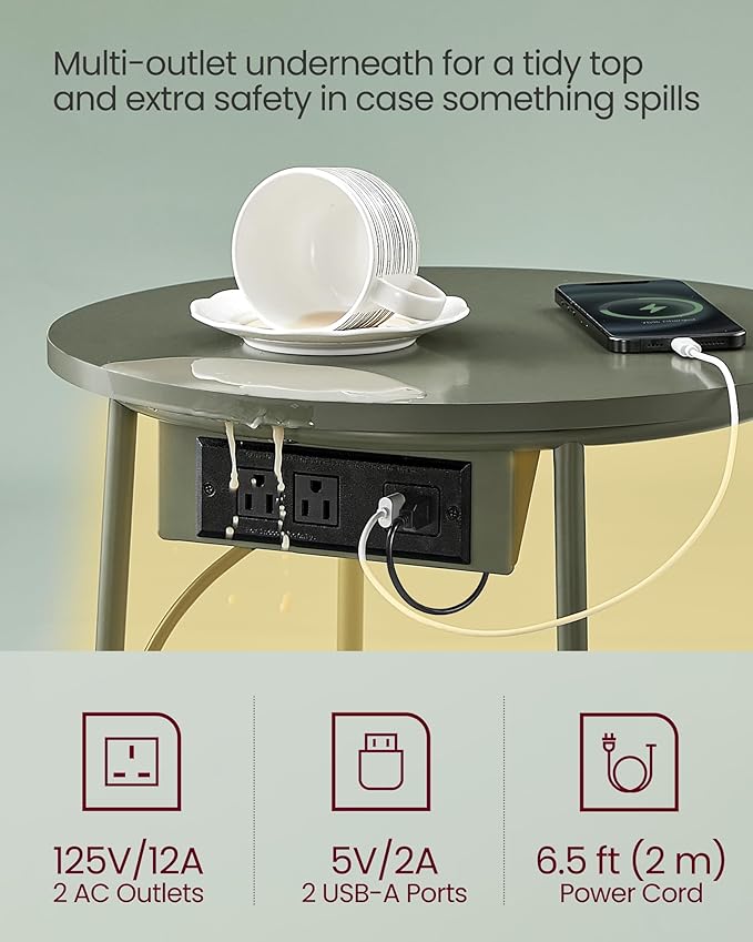 VASAGLE Side Table with Charging Station, Round End Table with Fabric Basket - Image 4