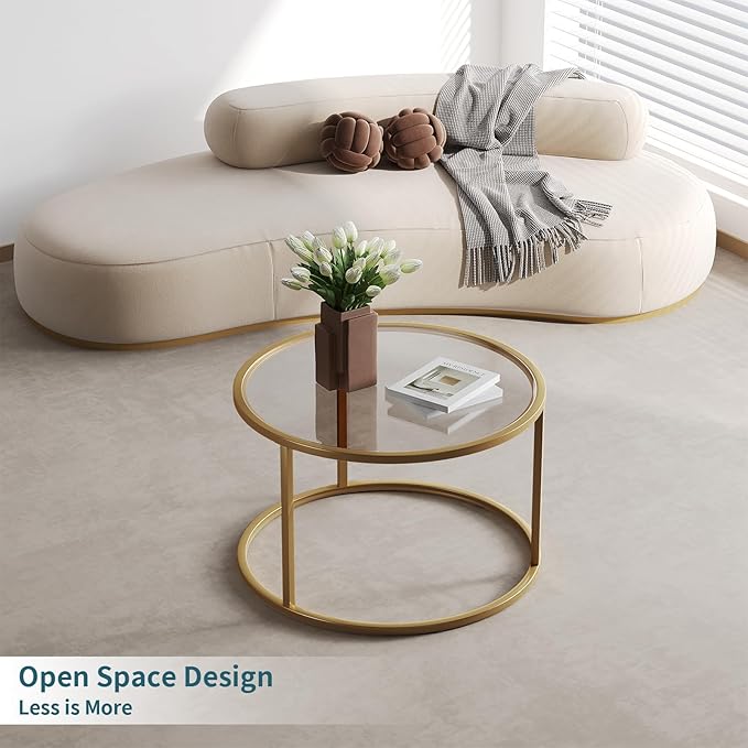 SAYGOER Small Glass Coffee Table Round Gold Coffee Table - Image 8