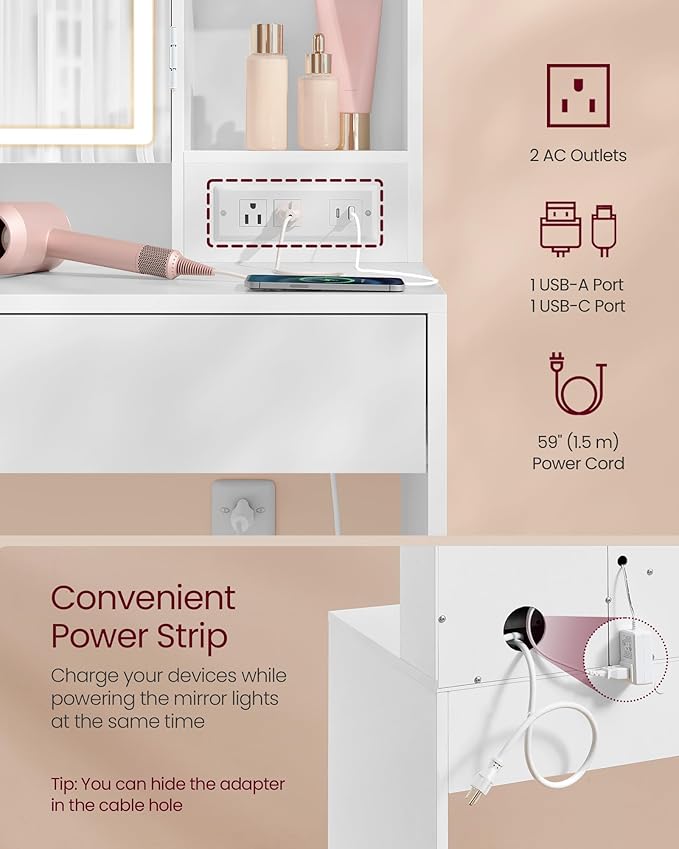VASAGLE Vanity Desk with Power Outlets, Makeup Vanity with Mirror and Lights - Image 4
