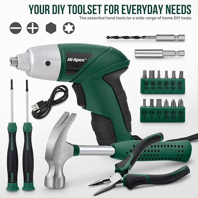 Hi-Spec 19pc 3.6V Green USB Small Power Screwdriver & Home DIY Tool Kit Set. - Image 2