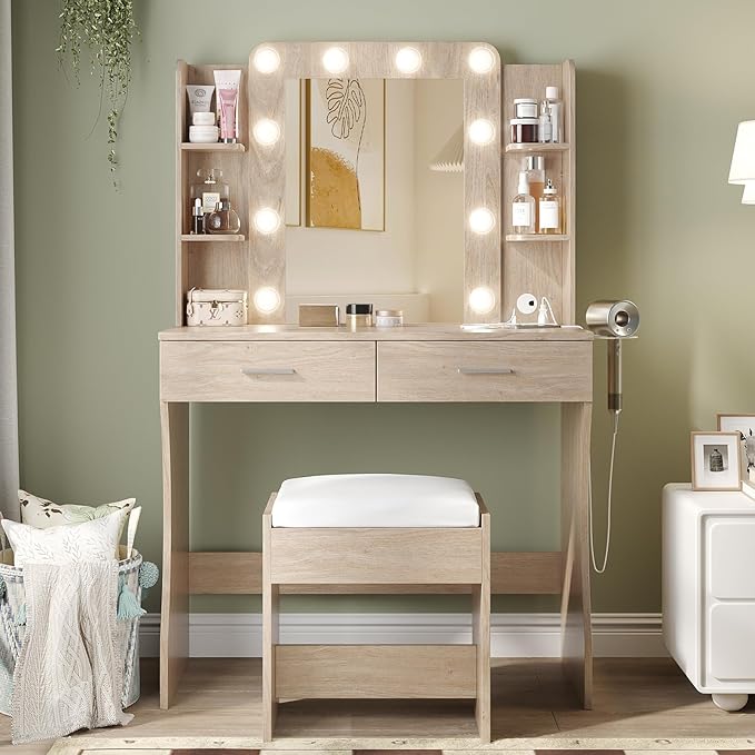 Vabches Vanity Desk with Mirror and Lights, Makeup Vanity Table with Charging - Image 2