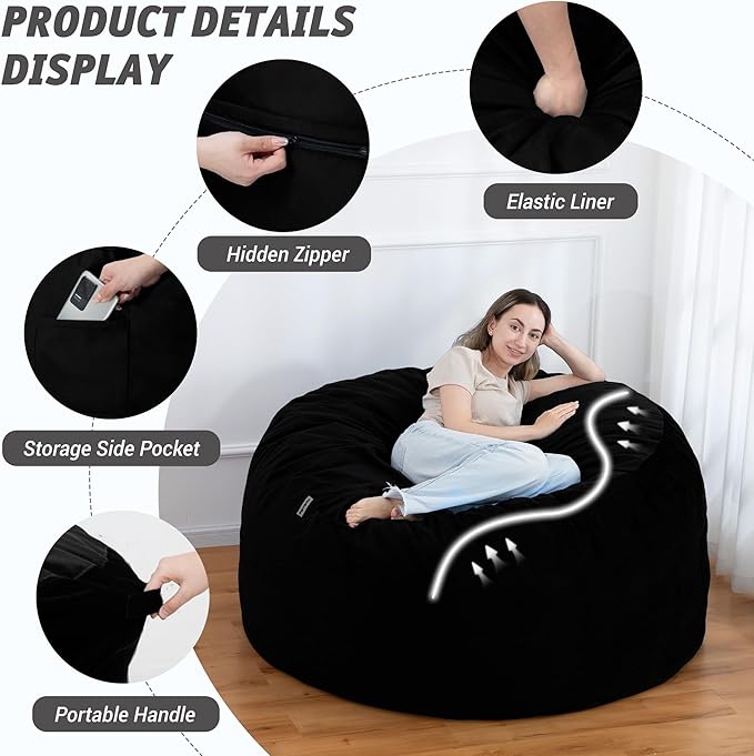 5FT Bean Bag Chair with Ultra Soft Velvet Cover Bean Bag Sofa with Memory Foam - Image 4