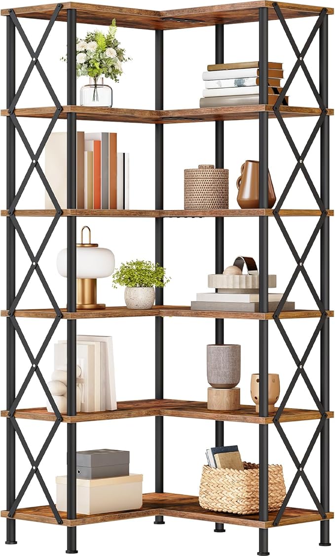 HOOBRO Corner Bookshelf, 6-Tier L-Shaped Bookcase, Industrial Open Display - Image 8