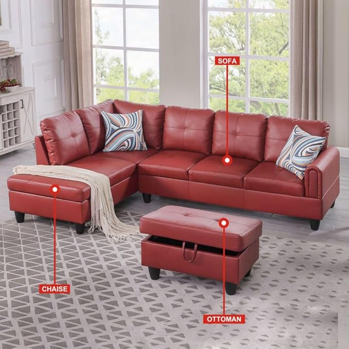 Red L-Shaped 3-Piece Faux Leather Sofa - Image 3