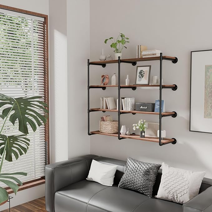 Industrial Pipe Shelf Brackets Wall Mount, Open Black Pipe Shelving - Image 2