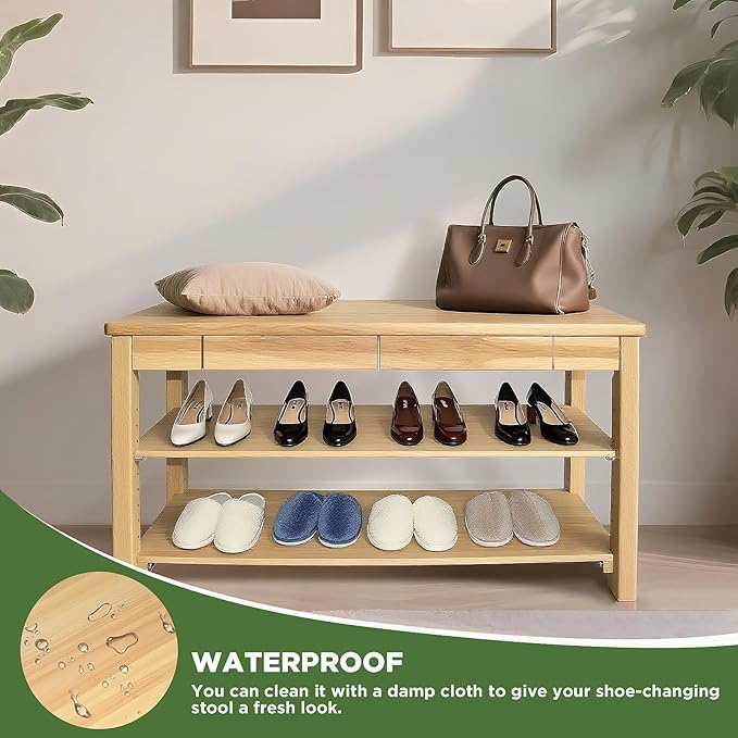 Wood Shoe Bench Entryway with Drawer: 2-Tiers Wooden Storage Shoe Rack with - Image 6