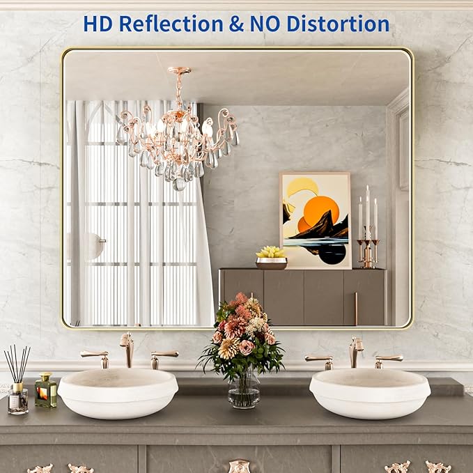 WEER Gold Bathroom Mirror, 40X32 Inch Brushed Gold Metal Frame Mirror, Rounded - Image 2