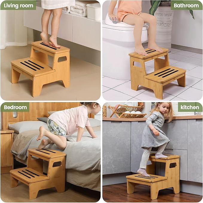 Wooden Step Stools for Kids, Heavy Duty Bamboo 2-Step Stepping Stools for - Image 2