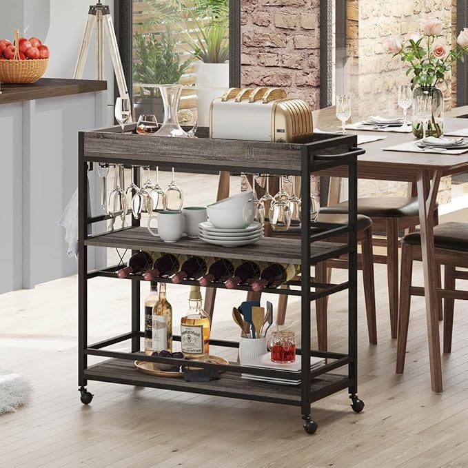 BON AUGURE Bar Cart, Home Bar Serving Cart on Wheels, Mobile 3 Tier Liquor - Image 9