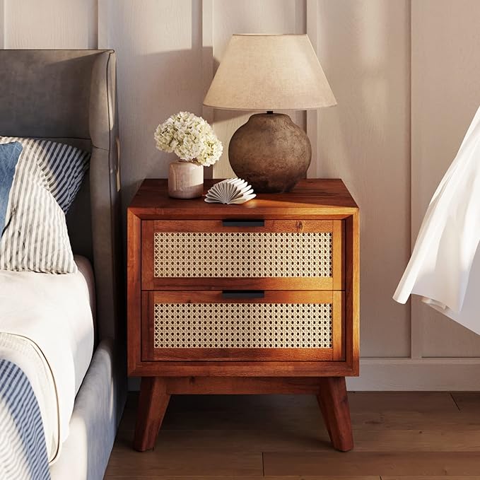 Bme Jasper Deluxe Solid Wood Rattan Nightstand Fully Assembled by Bme