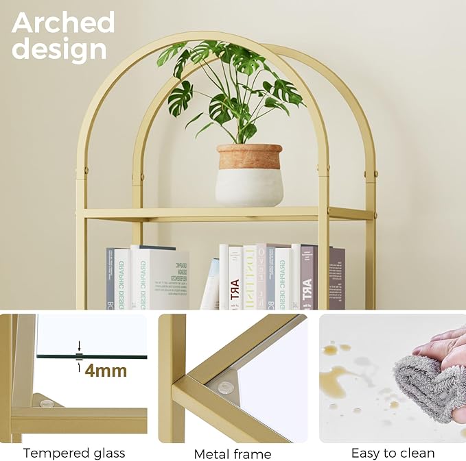 Homhedy Bookshelf Arched Display Racks, Metal Bookcase, Tempered Glass Shelves - Image 4