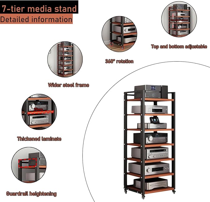 7 Tier Audio Rack Tower, CD Record Player Stereo Receiver AV Equipment Cabinet - Image 3
