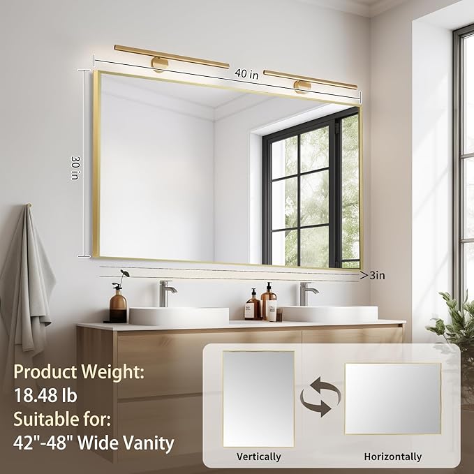 Brushed Gold Mirror, 40x30 Inch Aluminum Framed Rectangle Mirror, Tempered Glass - Image 7