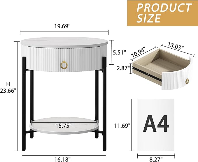 OIOG Round End Table with Drawer, Modern 2 Tier NightStand with Shelf, Small - Image 2