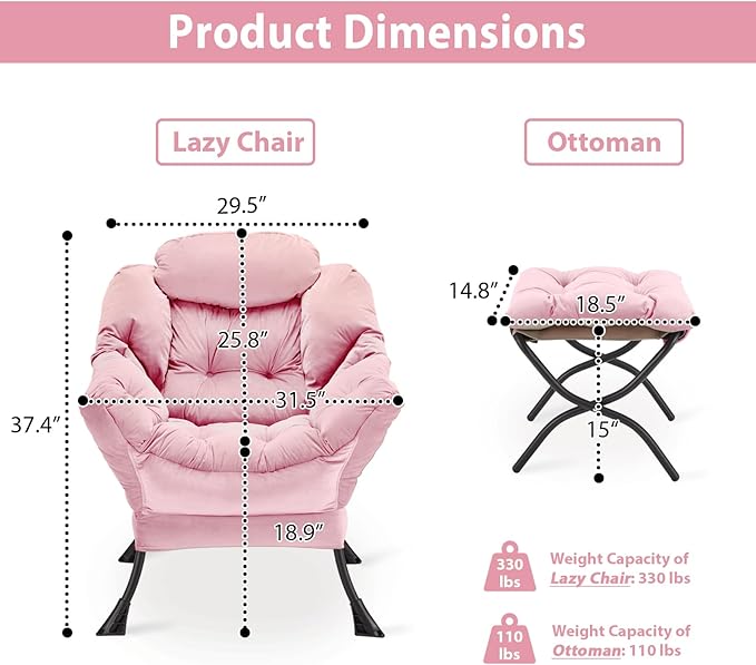 Lazy Chair with Folding Ottoman, Accent Chair Velvet Upholstered with Metal - Image 2