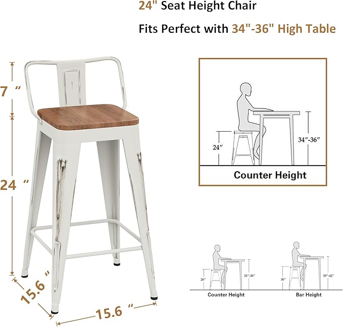 WENTMENT Bar Stools Set of 4, Industrial Style, Metal Frame, Distressed White - Image 2