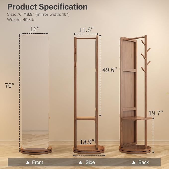 70"x16"Full Length Mirror with Stand, Coat Rack with Mirror, Solid Wood Floor - Image 2