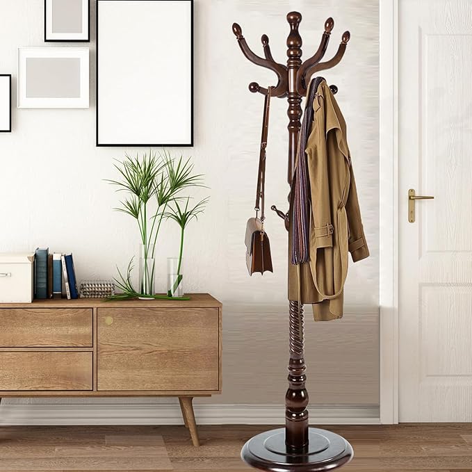 Coat Racks Free Standing with 14 Hooks, Natural Wood Coat Stands by Sauqzoh