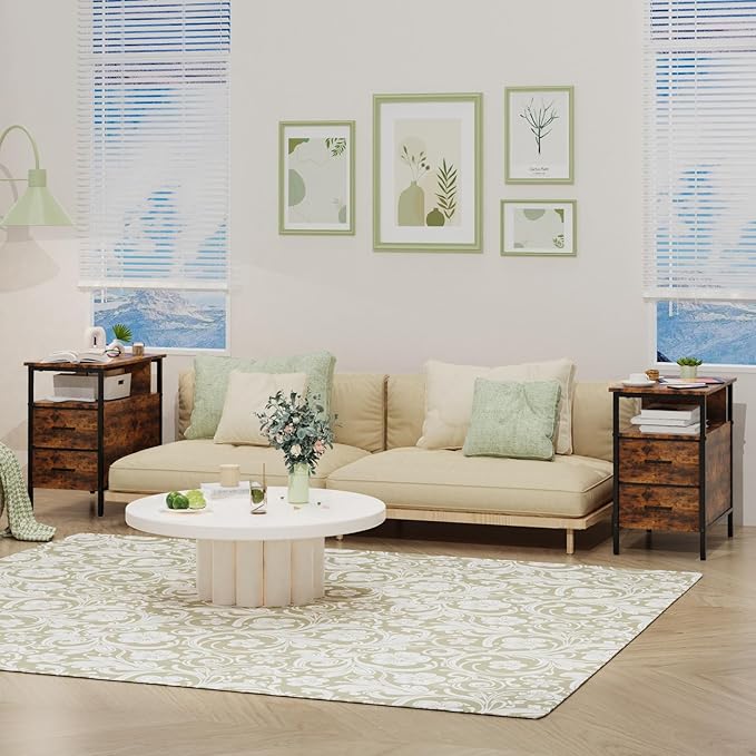 End Table with Charging Station, Narrow Side Table with 2 Fabric Drawer & - Image 8