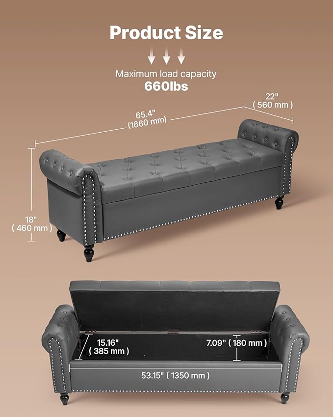 VEVOR Button-Tufted Storage Ottoman Bench, Rolled Arm PU Leather Bench - Image 3