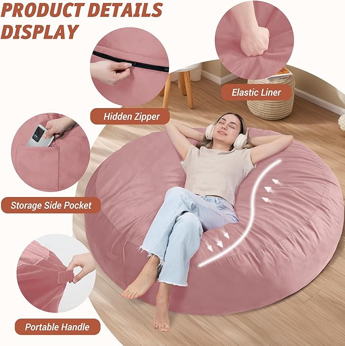 7FT Bean Bag Chair with Ultra Soft Velvet Cover Bean Bag Sofa with Memory Foam - Image 4