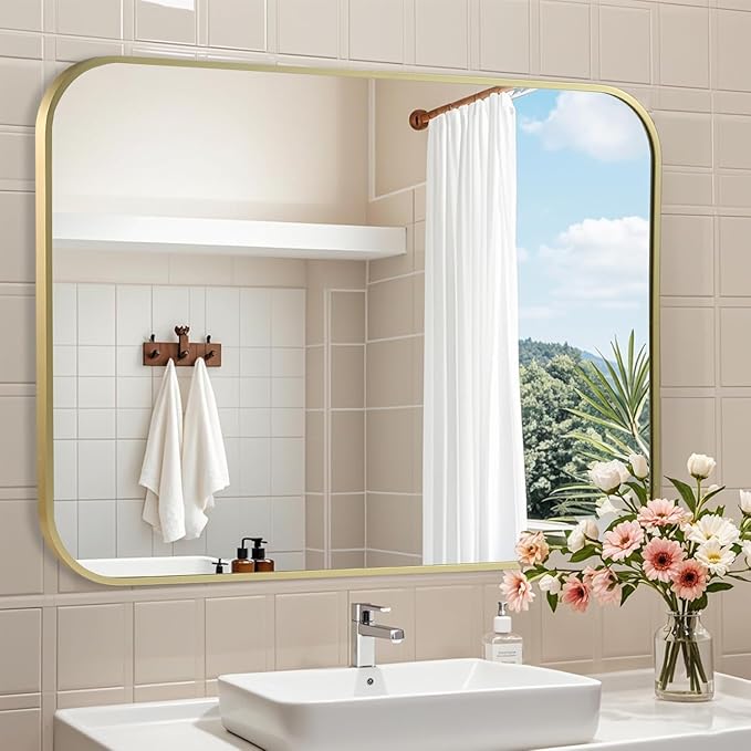 Brushed Gold Mirror, Metal Frame Rectangle Corner Vanity Mirror, Wall Mounted - Image 2