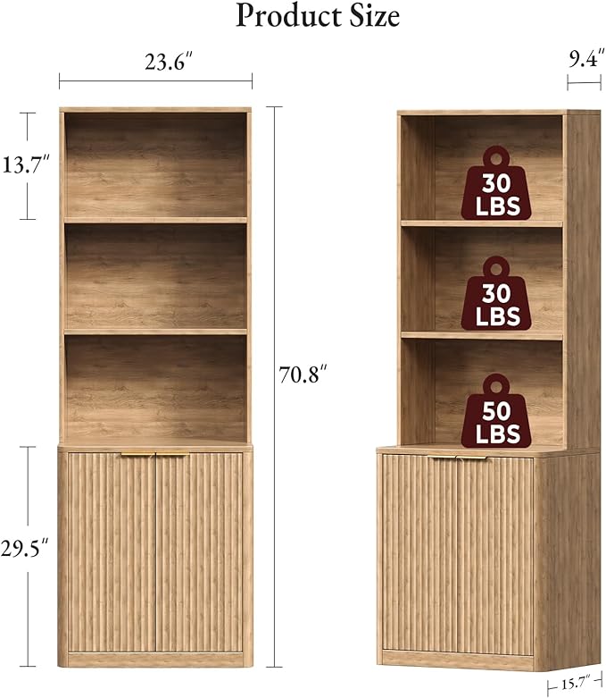 71" Oak Bookcase with Doors, 5-Tier Fluted Tall Bookshelf with Storage - Image 2