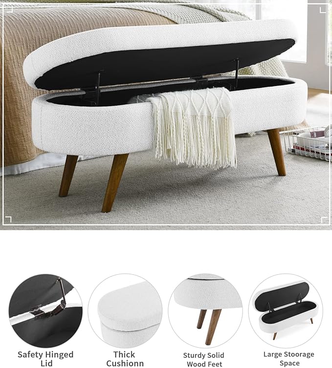 Oval Storage Bench 43.5" Linen Fabric Upholstered Entryway Bench - Image 5
