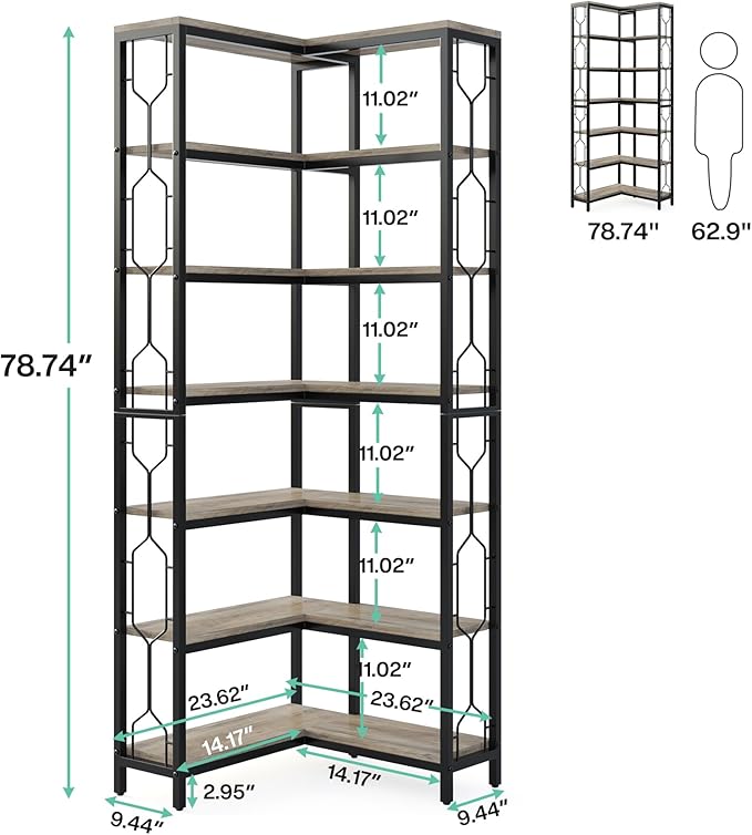 Tribesigns Corner Shelf, 7-Tier Industrial Corner Bookshelf, Wood and Metal - Image 2