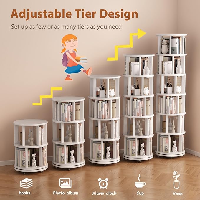 Solid Wood Rotating Bookshelf on Wheels, 6 Tier, Round Revolving Bookcase - Image 7