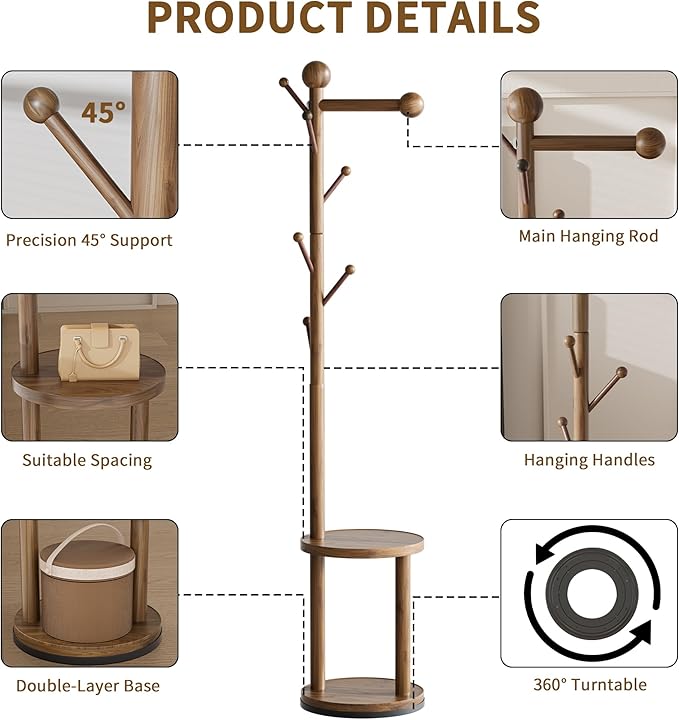 Solid Wood Rotary Coat Rack, Freestanding 360° Swivel Coat Rack - Image 3