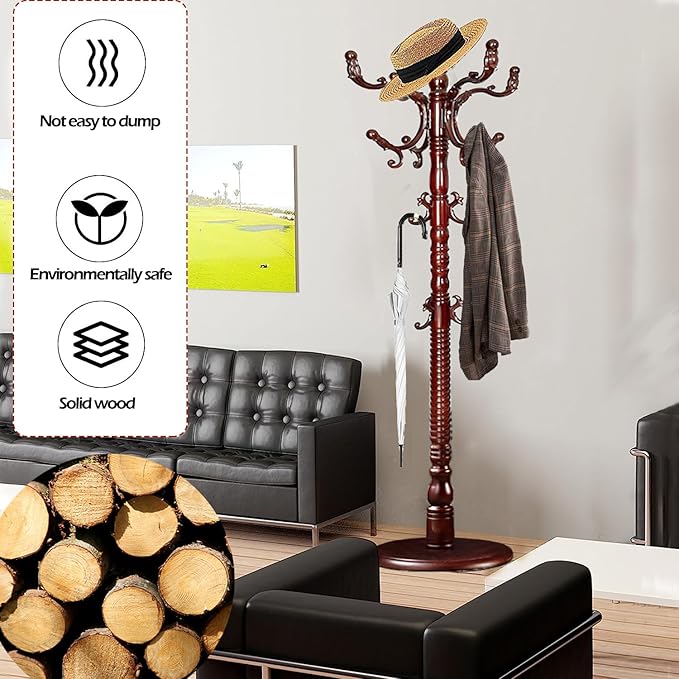 Coat Racks Free Standing with 14 Hooks, Natural Wood Coat Stands - Image 2